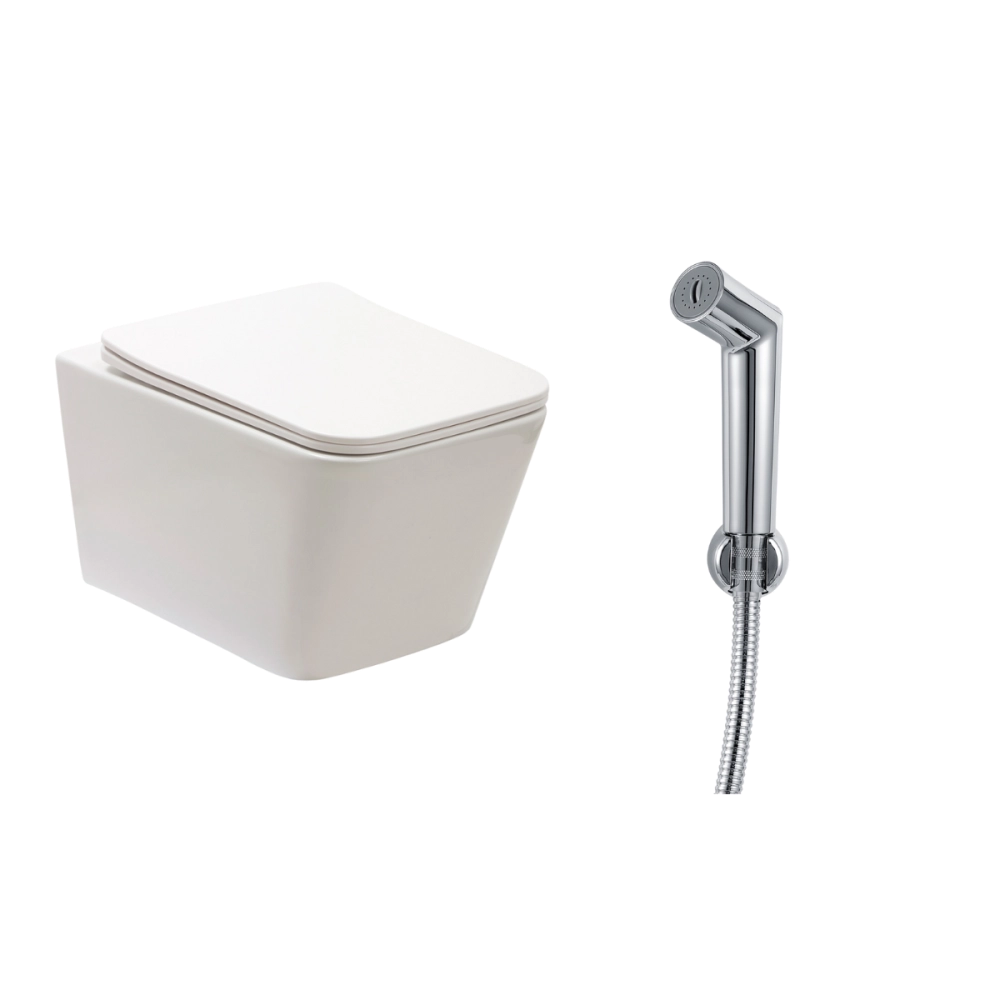 Kit Vaso Sanitário Suspenso Saída Horizontal Esmeralda e Ducha Manual Apa Pingoo.casa - Branco e Prata