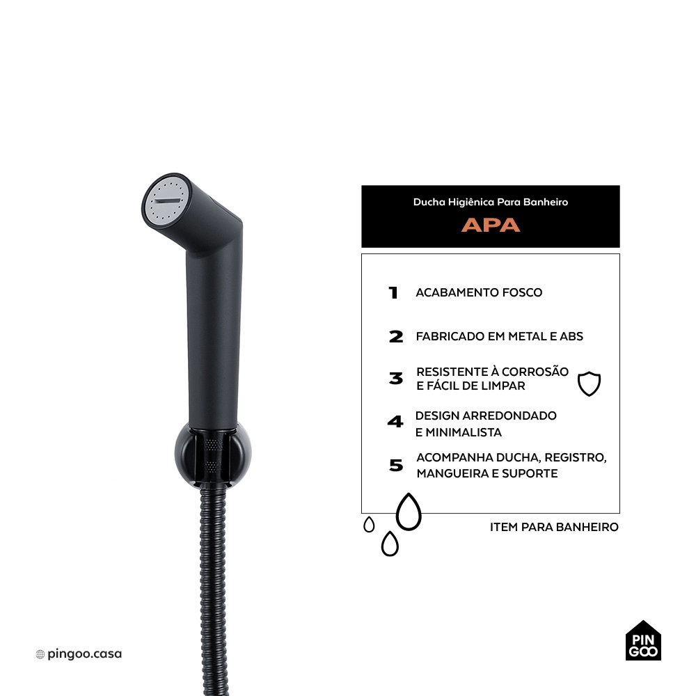 Kit Vaso Sanitário Suspenso Saída Horizontal Esmeralda e Ducha Manual Apa Pingoo.casa - Branco e Preto Kit Vaso Sanitário Suspenso Saída Horizontal Esmeralda e Ducha Manual Apa Pingoo.casa - Branco e Preto