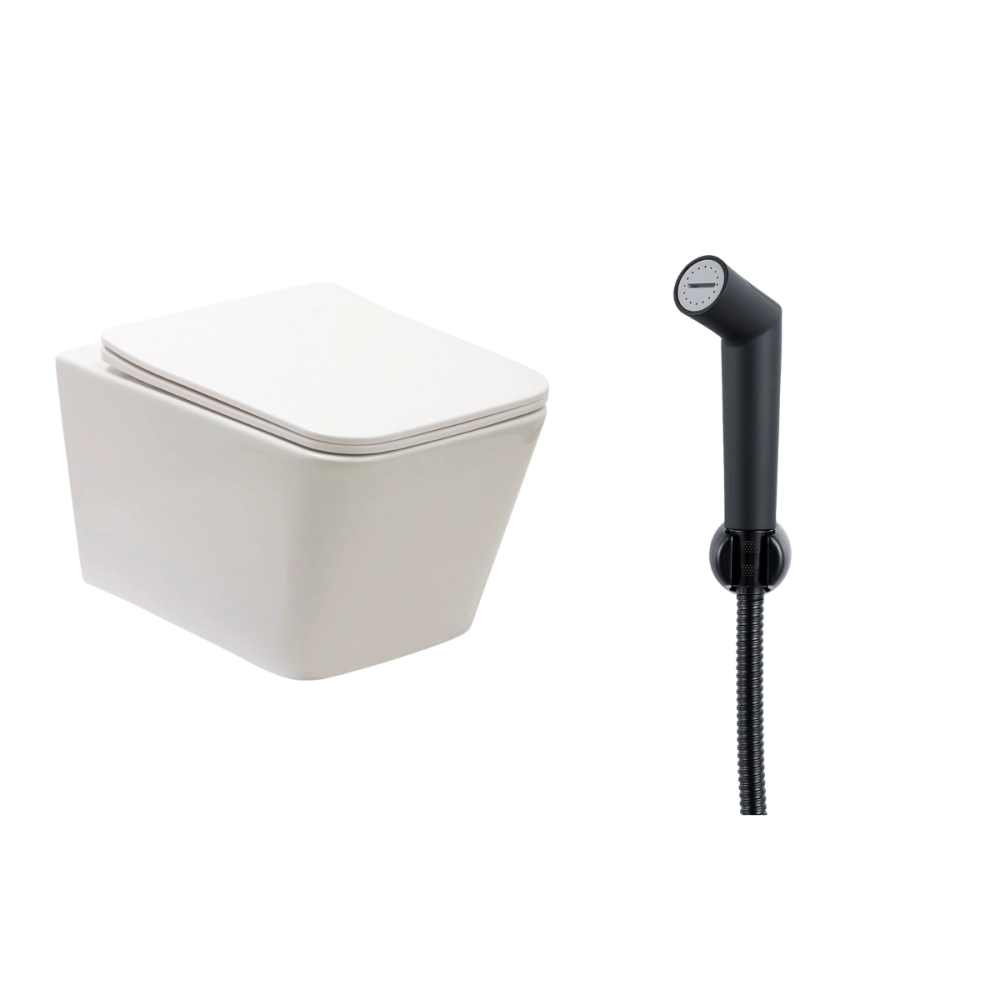 Kit Vaso Sanitário Suspenso Saída Horizontal Esmeralda e Ducha Manual Apa Pingoo.casa - Branco e Preto Kit Vaso Sanitário Suspenso Saída Horizontal Esmeralda e Ducha Manual Apa Pingoo.casa - Branco e Preto