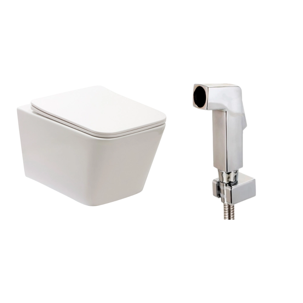 Kit Vaso Sanitário Suspenso Saída Horizontal Esmeralda e Ducha Manual Jacuí Pingoo.casa - Branco e Prata Kit Vaso Sanitário Suspenso Saída Horizontal Esmeralda e Ducha Manual Jacuí Pingoo.casa - Branco e Prata
