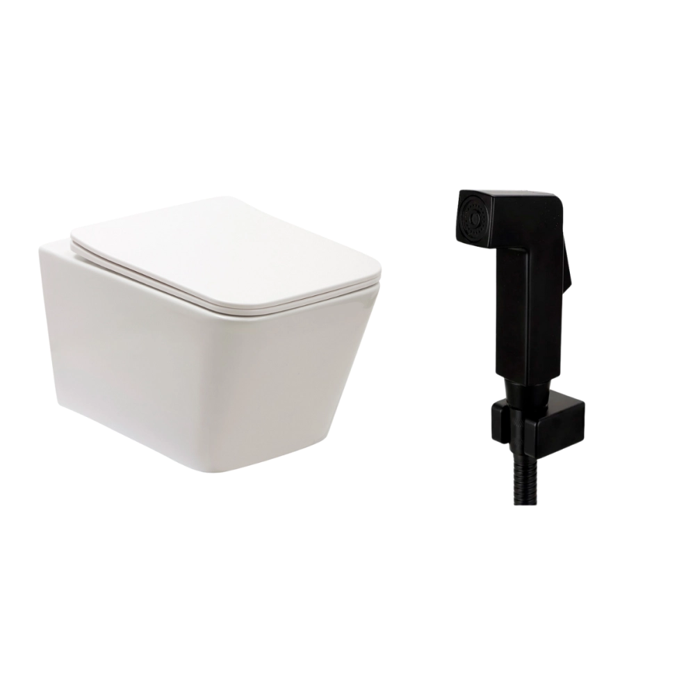 Kit Vaso Sanitário Suspenso Saída Horizontal Esmeralda e Ducha Manual Jacuí Pingoo.casa - Branco e Preto Kit Vaso Sanitário Suspenso Saída Horizontal Esmeralda e Ducha Manual Jacuí Pingoo.casa - Branco e Preto