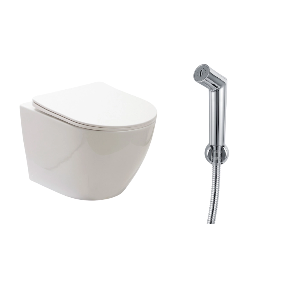 Kit Vaso Sanitário Suspenso Saída Horizontal Hematita e Ducha Manual Apa Pingoo.casa - Branco e Prata