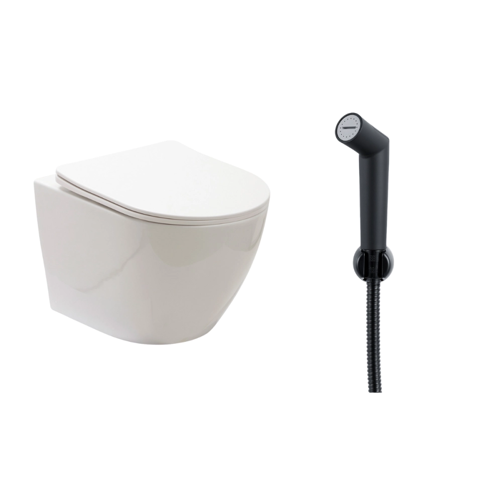 Kit Vaso Sanitário Suspenso Saída Horizontal Hematita e Ducha Manual Apa Pingoo.casa - Branco e Preto Kit Vaso Sanitário Suspenso Saída Horizontal Hematita e Ducha Manual Apa Pingoo.casa - Branco e Preto