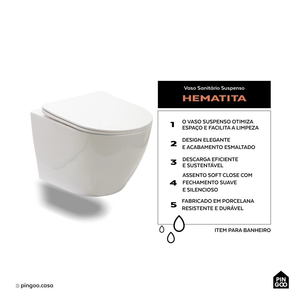 Kit Vaso Sanitário Suspenso Saída Horizontal Hematita e Ducha Manual Jacuí Pingoo.casa - Branco e Prata Kit Vaso Sanitário Suspenso Saída Horizontal Hematita e Ducha Manual Jacuí Pingoo.casa - Branco e Prata