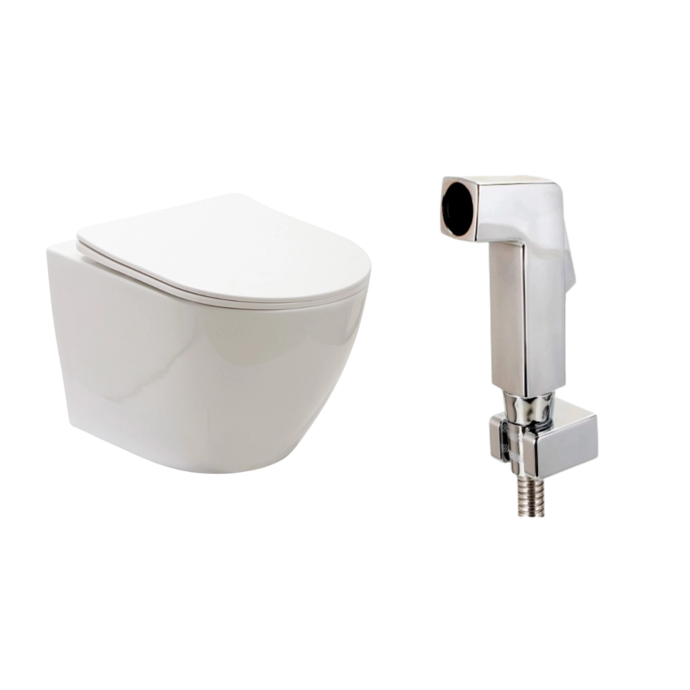 Kit Vaso Sanitário Suspenso Saída Horizontal Hematita e Ducha Manual Jacuí Pingoo.casa - Branco e Prata Kit Vaso Sanitário Suspenso Saída Horizontal Hematita e Ducha Manual Jacuí Pingoo.casa - Branco e Prata