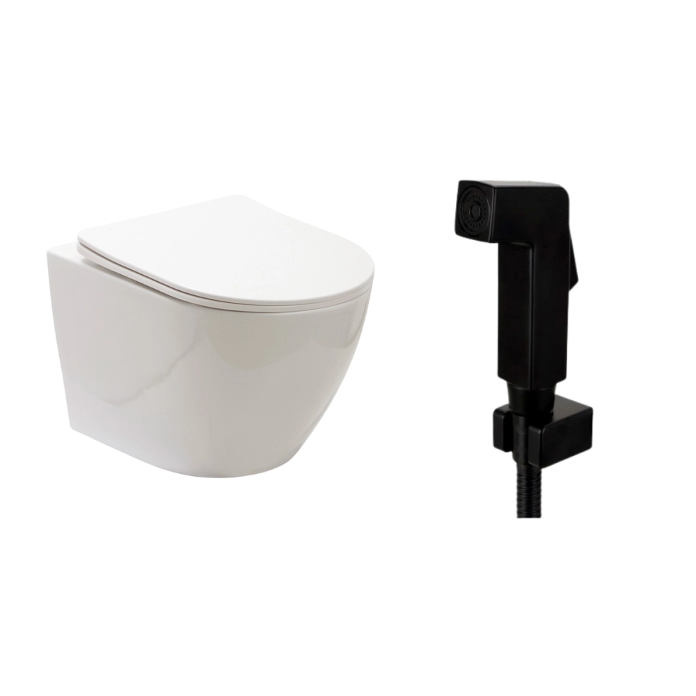 Kit Vaso Sanitário Suspenso Saída Horizontal Hematita e Ducha Manual Jacuí Pingoo.casa - Branco e Preto Kit Vaso Sanitário Suspenso Saída Horizontal Hematita e Ducha Manual Jacuí Pingoo.casa - Branco e Preto