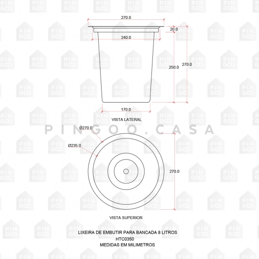 Lixeira de embutir para Bancada 8 Litros Aço Inox 304 Dourado Escovado