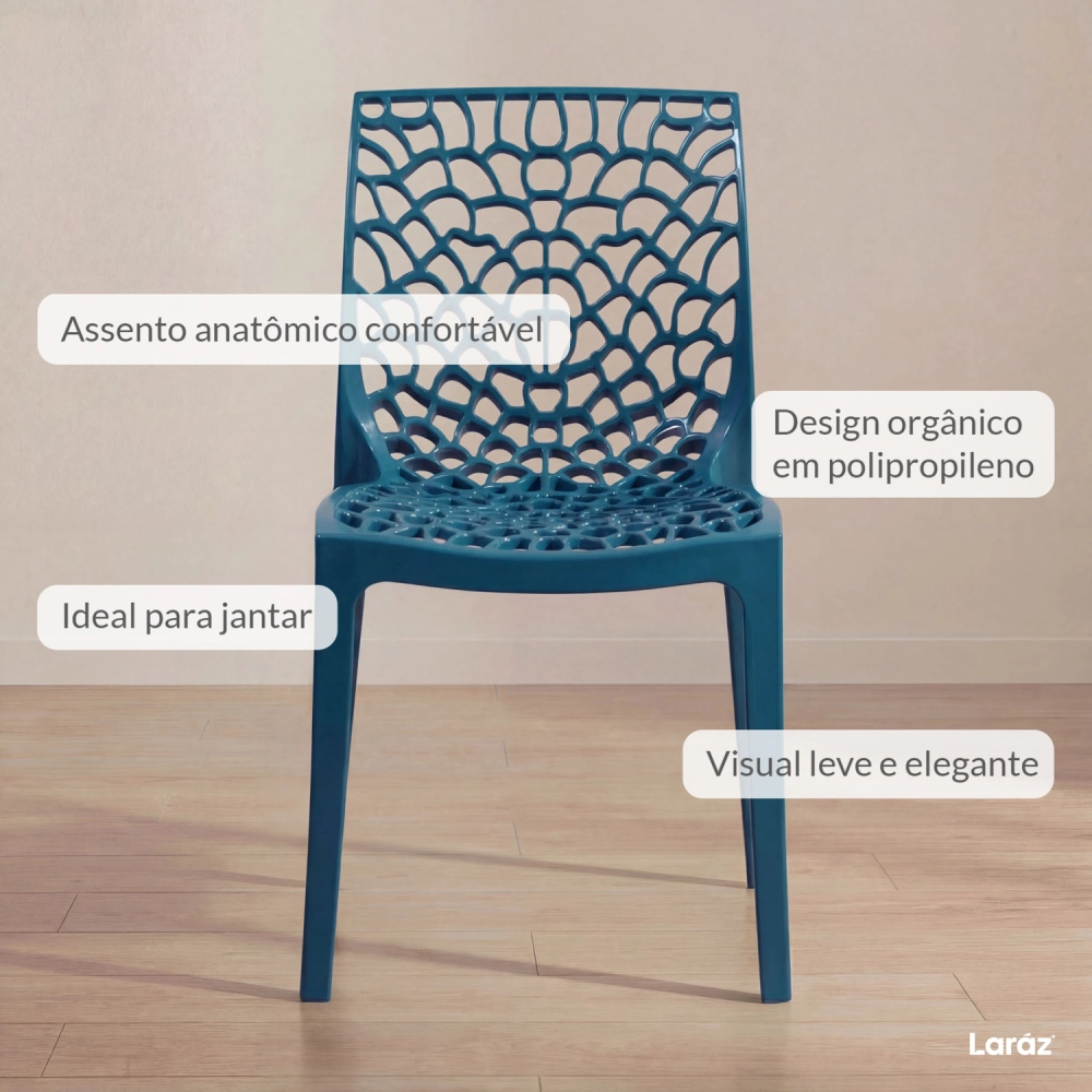 Kit 6 Cadeiras de jantar Gruvyer com design contemporâneo e anatômico - Azul petróleo