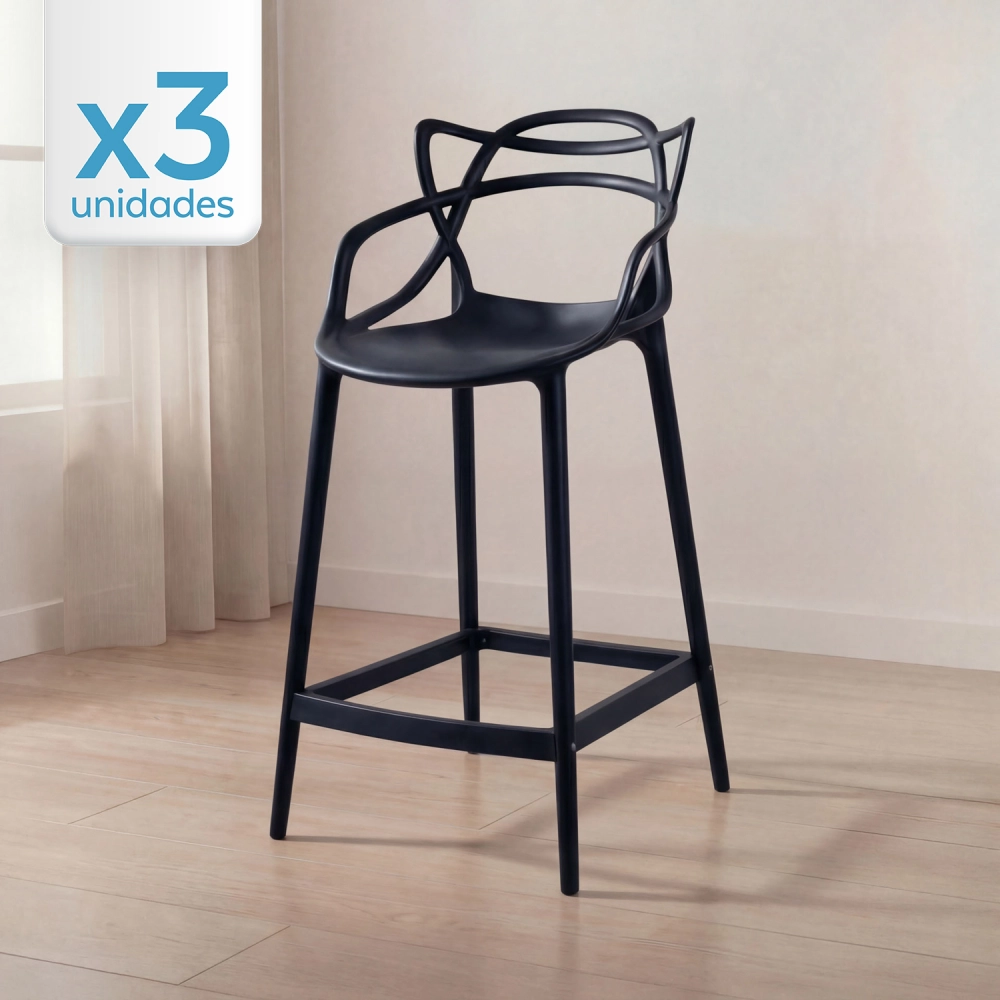 Kit 3 Banquetas média para bancada Master Allegra em Polipropileno 66 cm - Preto