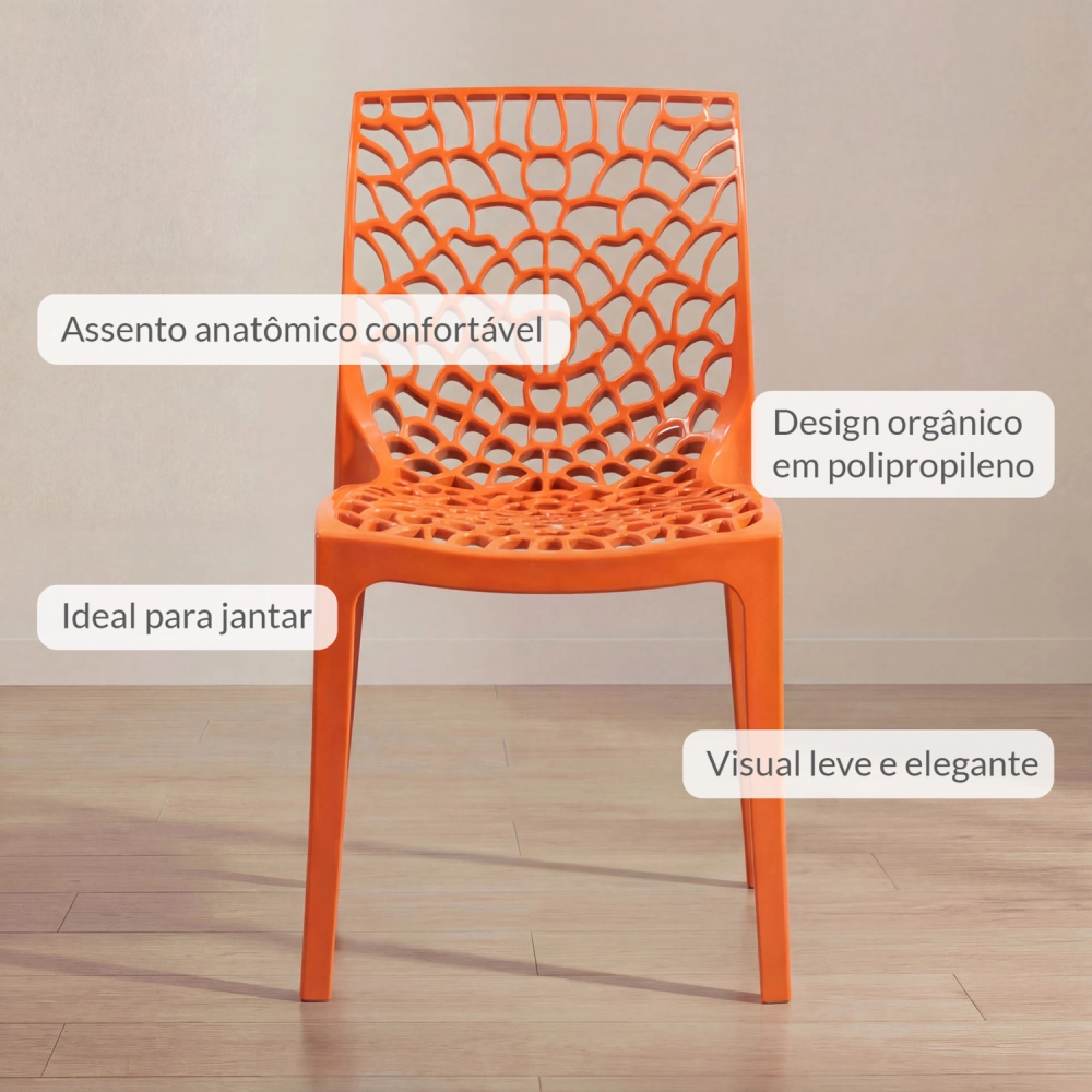Kit 10 Cadeiras de jantar Gruvyer com design contemporâneo e anatômico - Laranja Kit 10 Cadeiras de jantar Gruvyer com design contemporâneo e anatômico - Laranja
