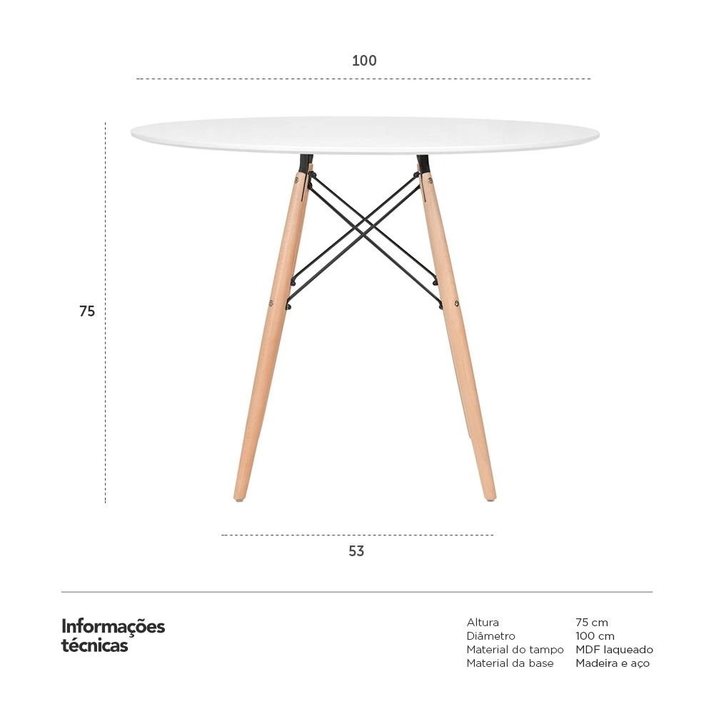 Mesa de Jantar e cozinha Redonda 100 cm Eames Eiffel com Tampo em MDF Laqueado - Branco Mesa de Jantar e cozinha Redonda 100 cm Eames Eiffel com Tampo em MDF Laqueado - Branco