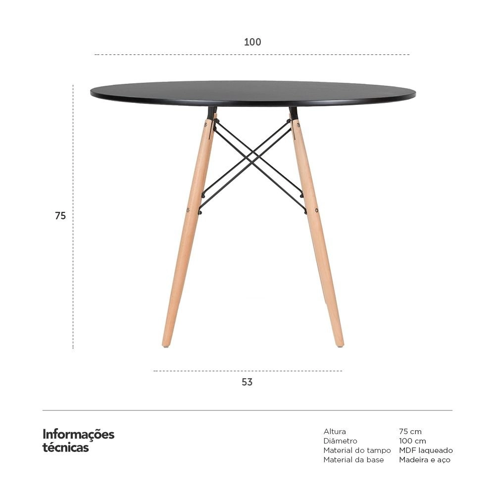 Mesa de Jantar e cozinha Redonda 100 cm Eames Eiffel com Tampo em MDF Laqueado - Preto Mesa de Jantar e cozinha Redonda 100 cm Eames Eiffel com Tampo em MDF Laqueado - Preto