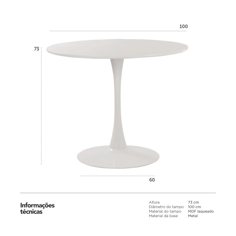 Mesa de Jantar e cozinha Redonda 100 cm Tulipa com Tampo em MDF Laqueado - Branco