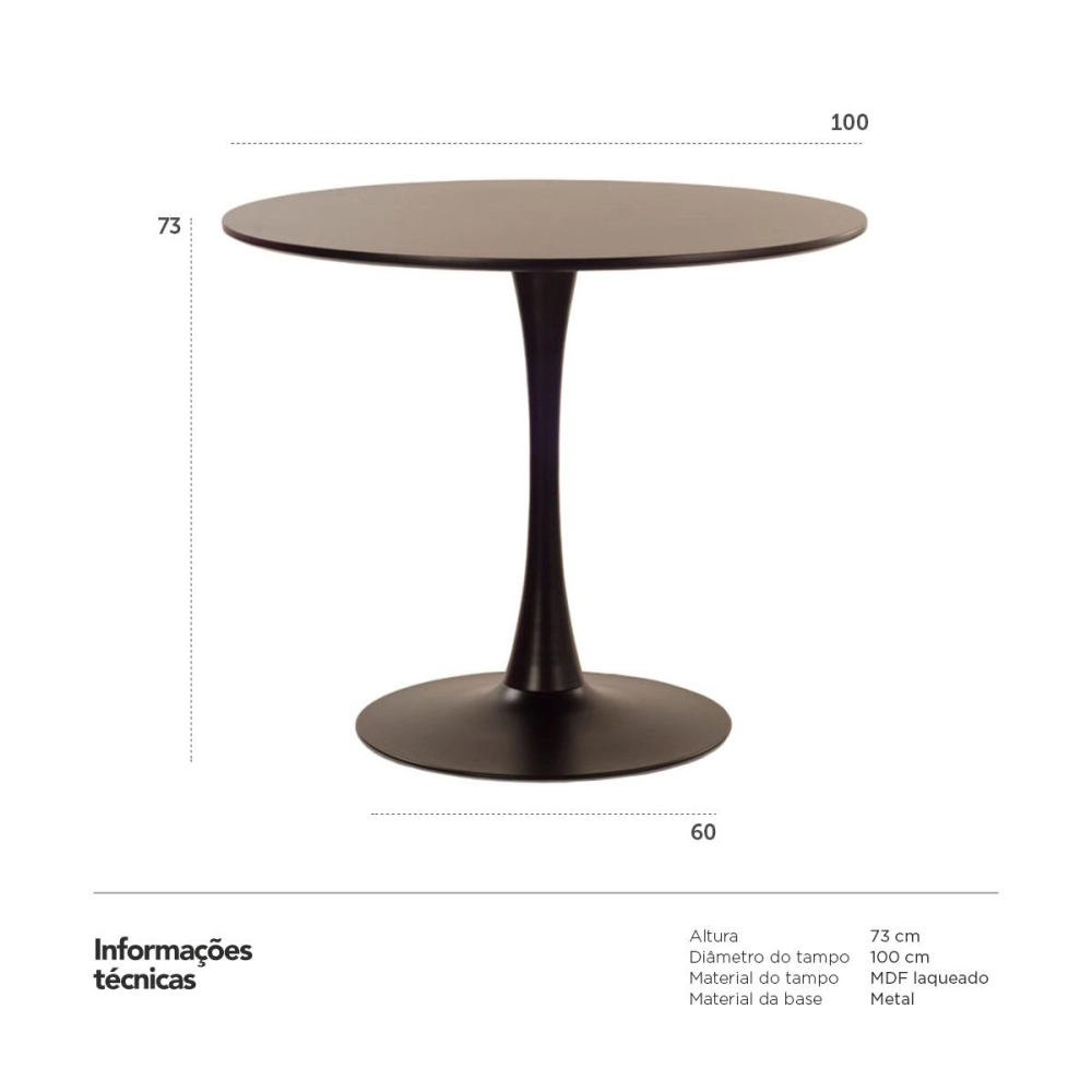 Mesa de Jantar e cozinha Redonda 100 cm Tulipa com Tampo em MDF Laqueado - Preto
