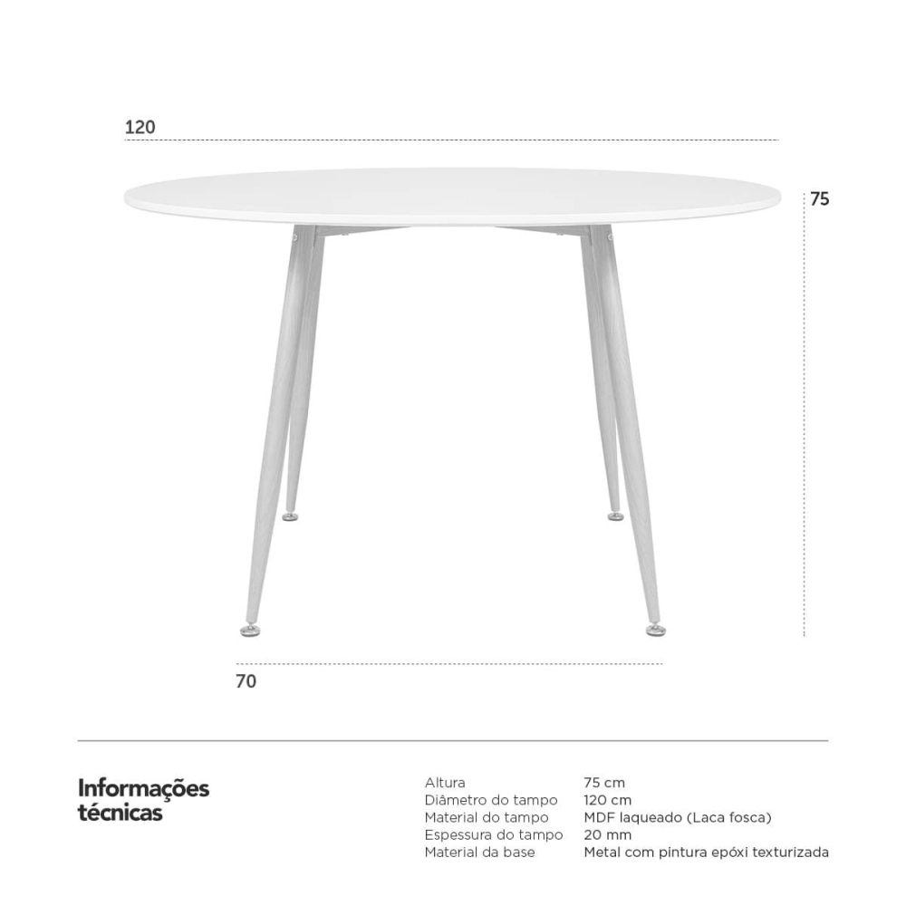 Mesa de Jantar e cozinha Redonda 120 cm Clarice com Tampo em MDF Laqueado - Branco