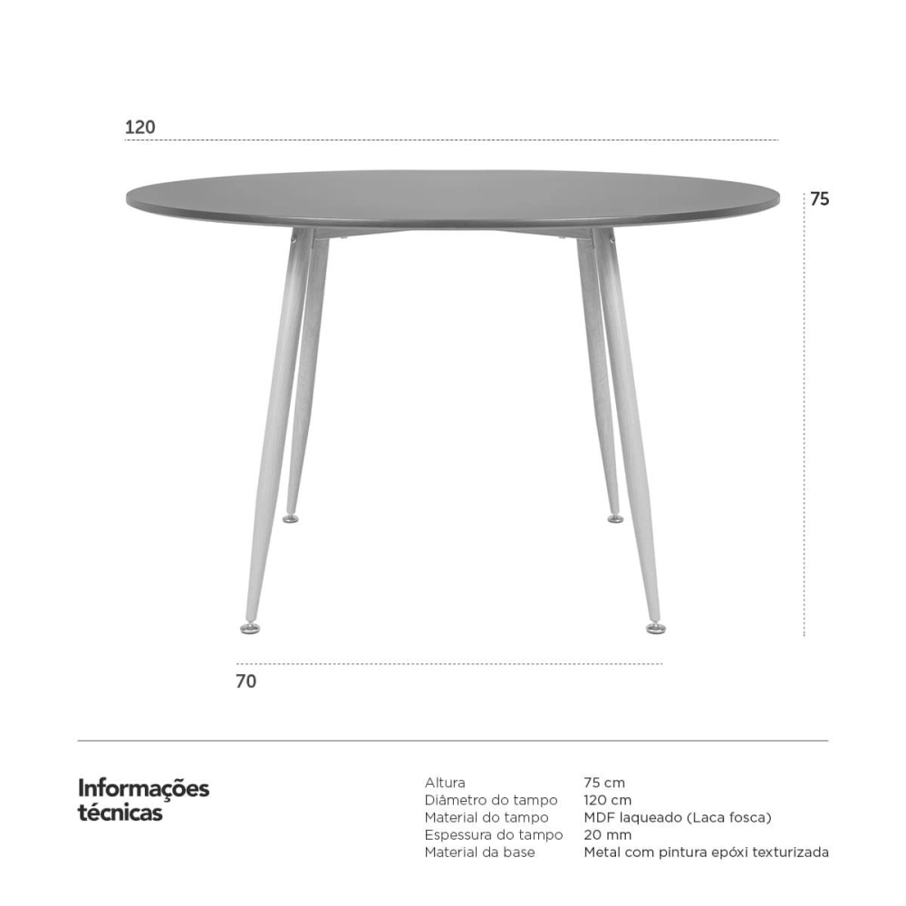 Mesa de Jantar e cozinha Redonda 120 cm Clarice com Tampo em MDF Laqueado - Preto