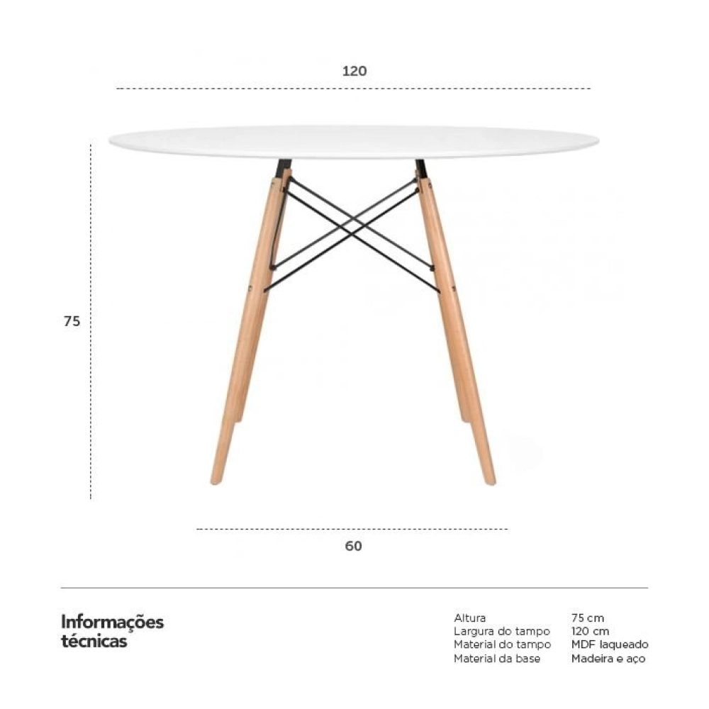 Mesa de Jantar e cozinha Redonda 120 cm Eames Eiffel com Tampo em MDF Laqueado - Branco Mesa de Jantar e cozinha Redonda 120 cm Eames Eiffel com Tampo em MDF Laqueado - Branco
