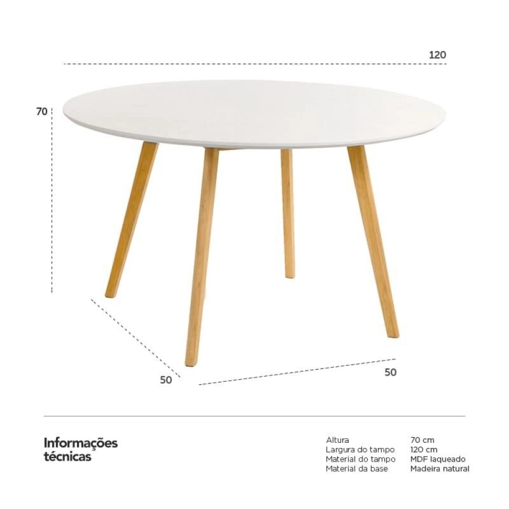 Mesa de Jantar e cozinha Redonda 120 cm Leda com Tampo em MDF Laqueado - Branco
