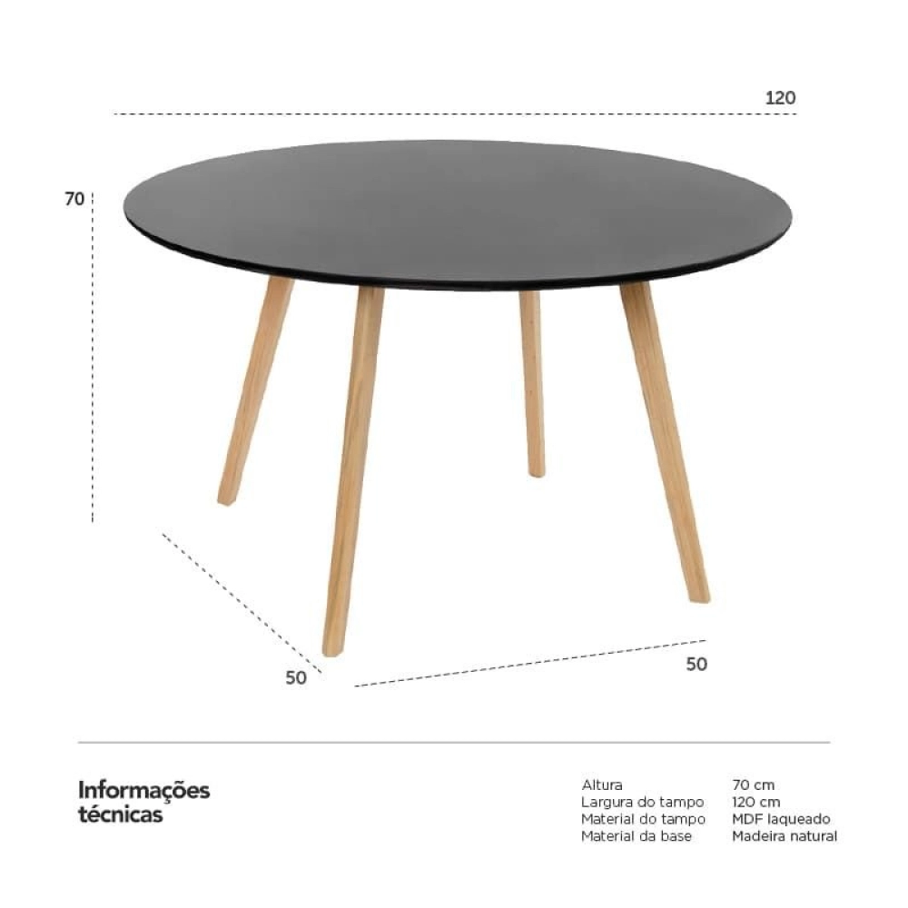 Mesa de Jantar e cozinha Redonda 120 cm Leda com Tampo em MDF Laqueado - Preto