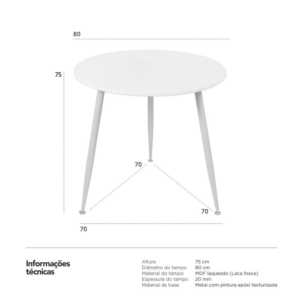 Mesa de Jantar e cozinha Redonda 80 cm Clarice com Tampo em MDF Laqueado - Branco