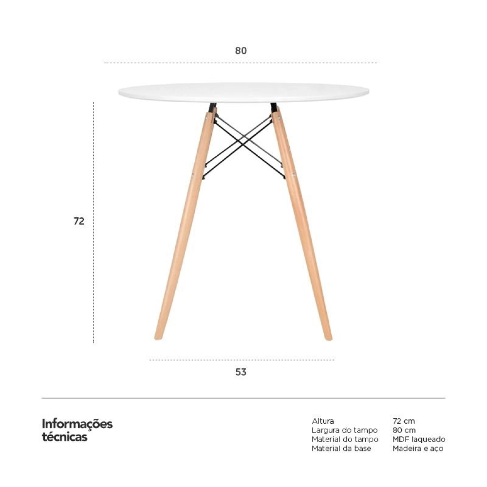 Mesa de Jantar e cozinha Redonda 80 cm Eames Eiffel com Tampo em MDF Laqueado - Branco