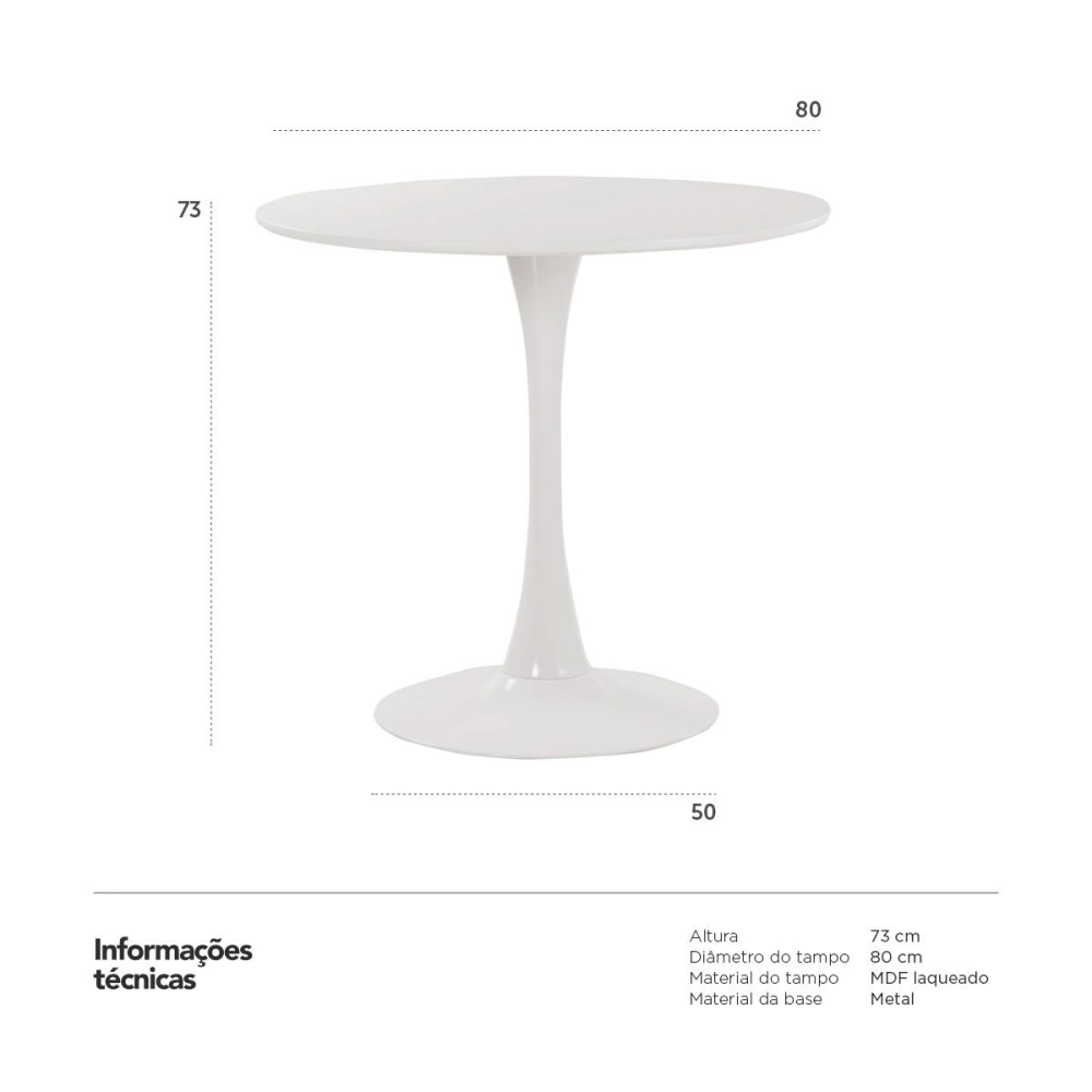 Mesa de Jantar e cozinha Redonda 80 cm Tulipa com Tampo em MDF Laqueado - Branco
