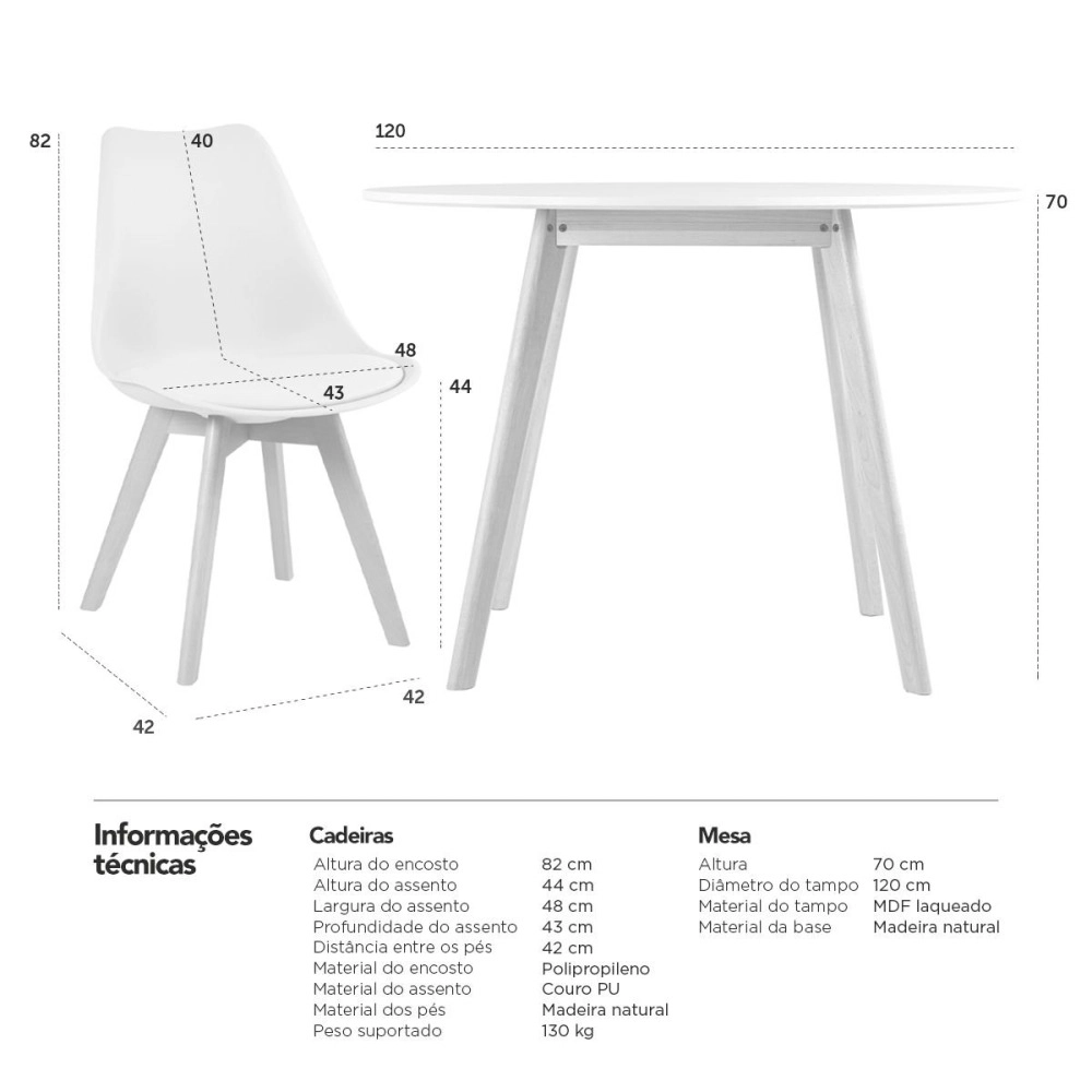 Mesa de jantar redonda branco 120 cm + 4 cadeiras estofadas Leda - Branco