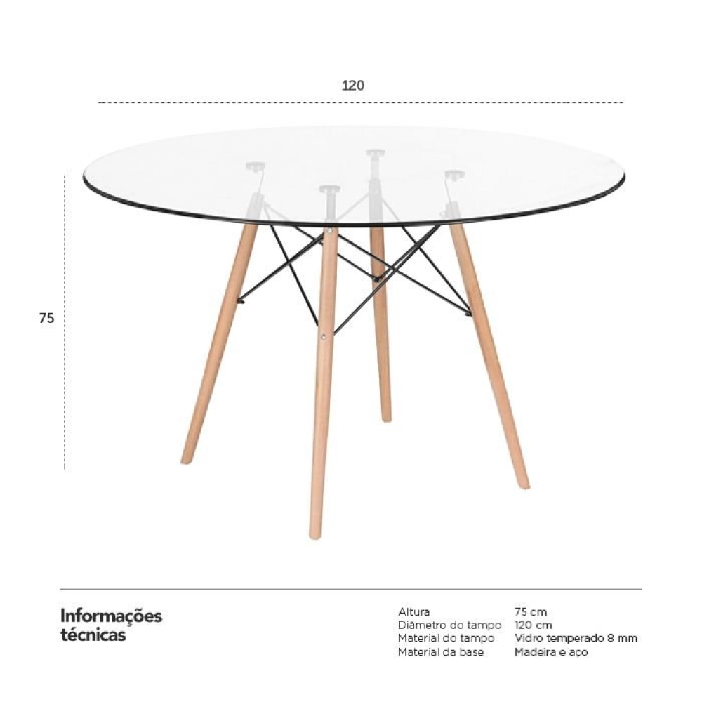 Mesa de jantar redonda Eames Eiffel com tampo de vidro 120 cm Mesa de jantar redonda Eames Eiffel com tampo de vidro 120 cm