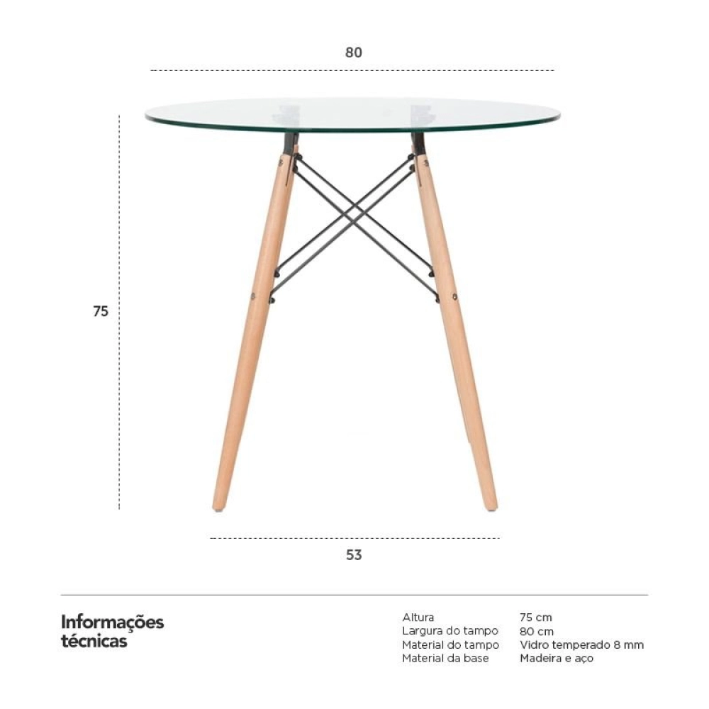 Mesa de jantar redonda Eames Eiffel com tampo de vidro 80 cm Mesa de jantar redonda Eames Eiffel com tampo de vidro 80 cm
