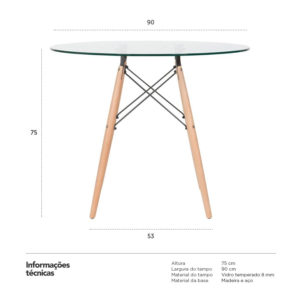 Mesa de jantar redonda Eames Eiffel com tampo de vidro 90 cm Mesa de jantar redonda Eames Eiffel com tampo de vidro 90 cm