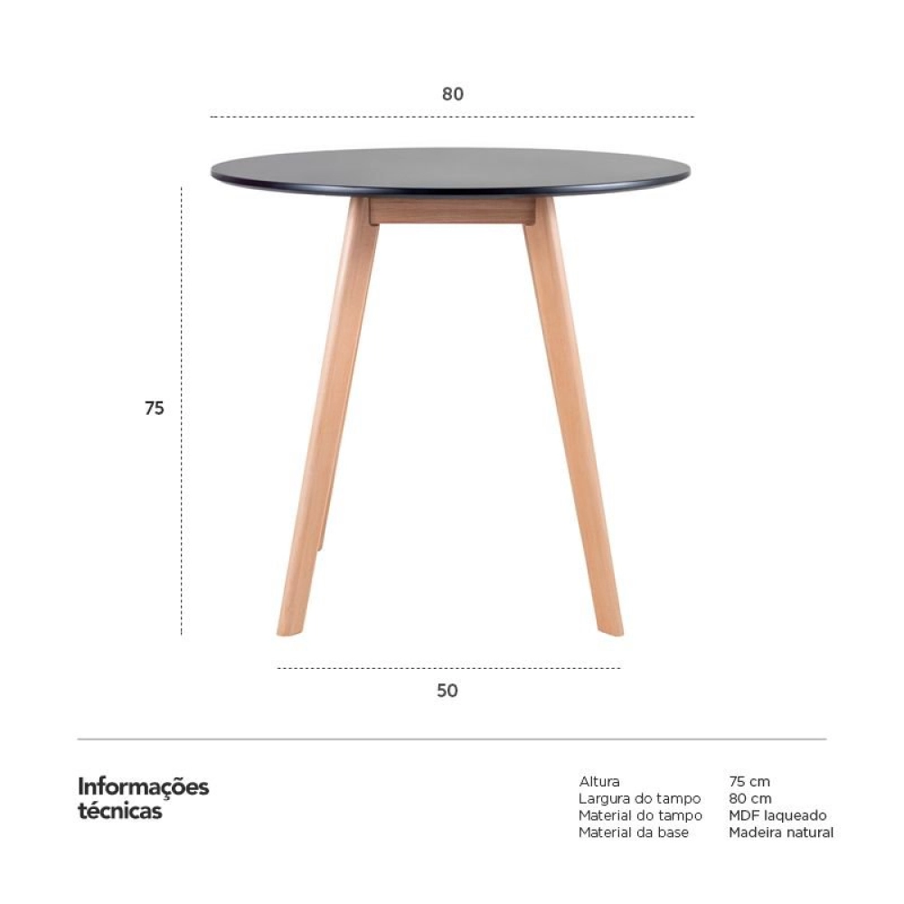 Mesa de jantar redonda Leda 80 cm - Preto