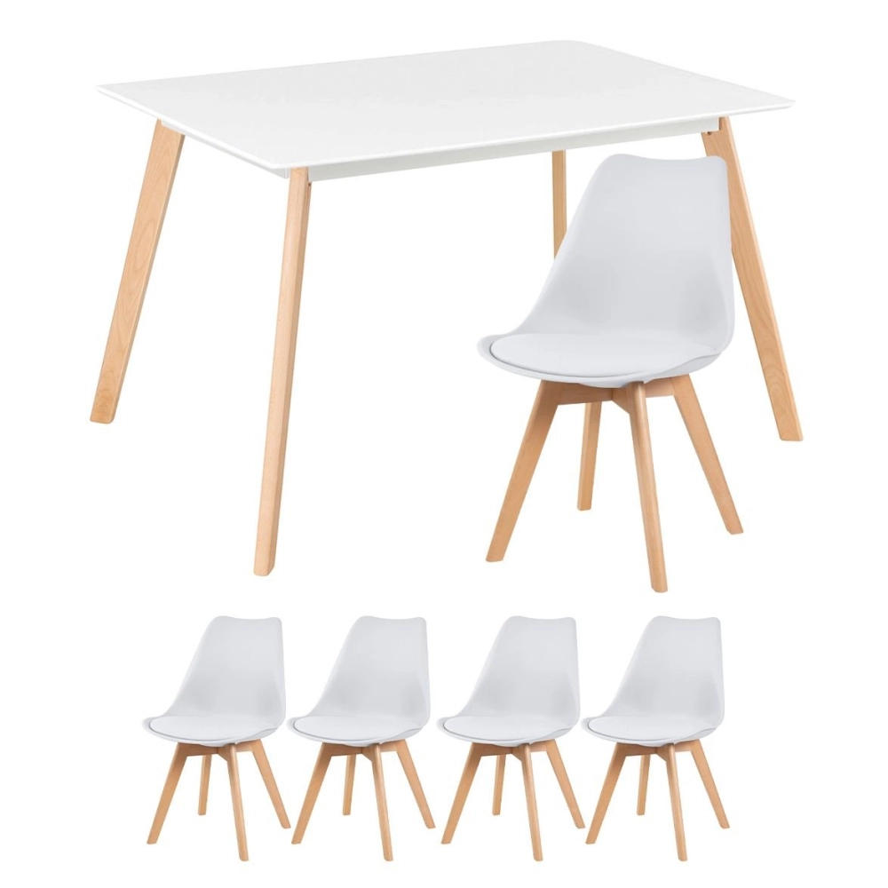 Mesa de jantar retangular 80 x 120 cm preto + 4 cadeiras estofadas Leda - branco Mesa de jantar retangular 80 x 120 cm preto + 4 cadeiras estofadas Leda - branco