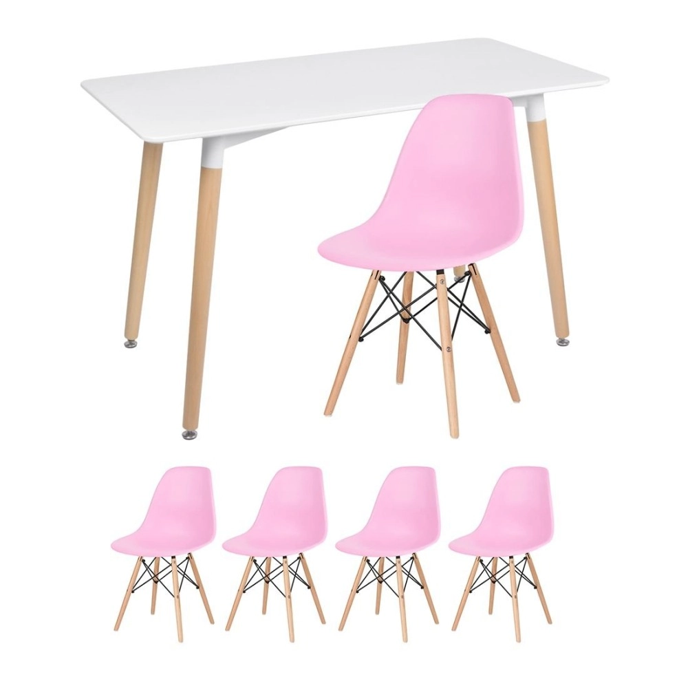 Mesa de jantar retangular Eames 60 x 120 cm branco + 4 cadeiras Eiffel DSW Rosa claro Mesa de jantar retangular Eames 60 x 120 cm branco + 4 cadeiras Eiffel DSW Rosa claro