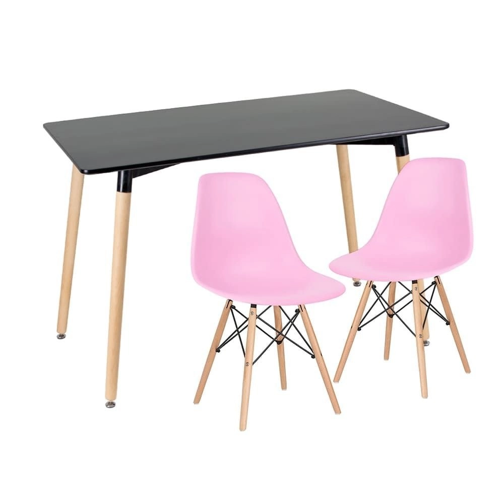 Mesa de jantar retangular Eames 60 x 120 cm preto + 2 cadeiras Eiffel DSW Rosa claro Mesa de jantar retangular Eames 60 x 120 cm preto + 2 cadeiras Eiffel DSW Rosa claro