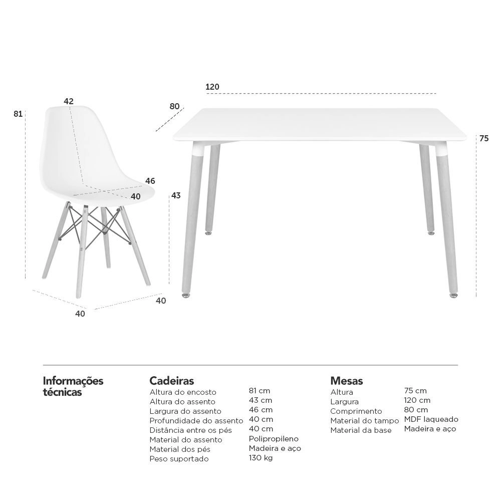Mesa de jantar retangular Eames 80 x 120 cm branco + 4 cadeiras Eiffel DSW Nude Mesa de jantar retangular Eames 80 x 120 cm branco + 4 cadeiras Eiffel DSW Nude
