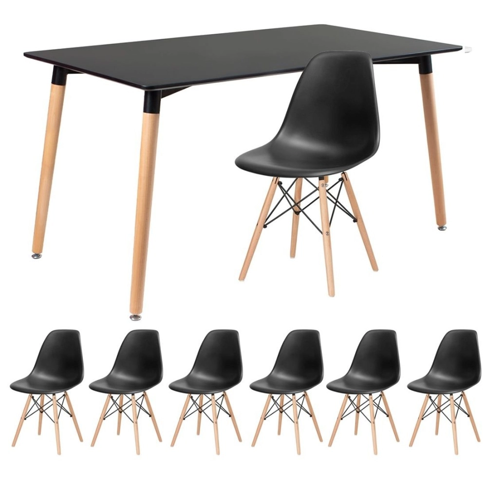 Mesa de jantar retangular Eames 80 x 140 cm + 6 cadeiras Eiffel DSW - Preto Mesa de jantar retangular Eames 80 x 140 cm + 6 cadeiras Eiffel DSW - Preto