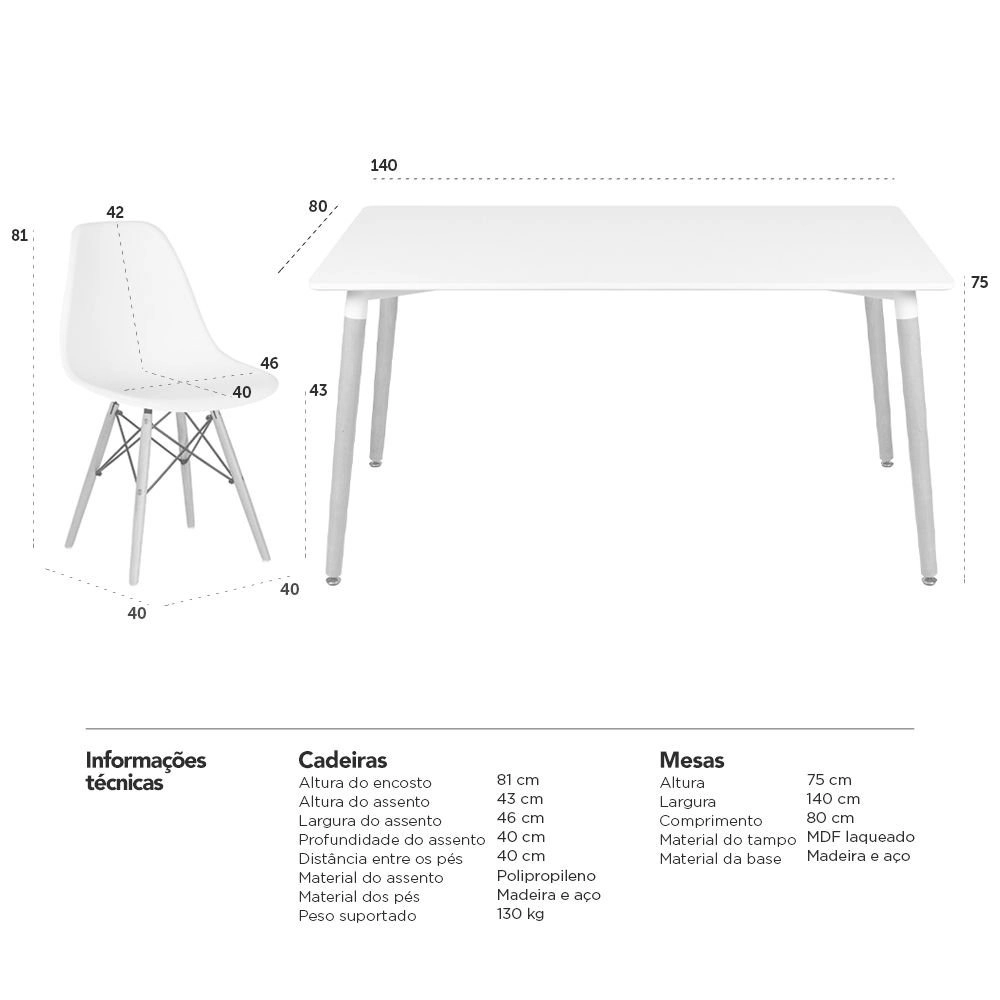 Mesa de jantar retangular Eames 80 x 140 cm branco + 4 cadeiras Eiffel Dsw - Nude Mesa de jantar retangular Eames 80 x 140 cm branco + 4 cadeiras Eiffel Dsw - Nude