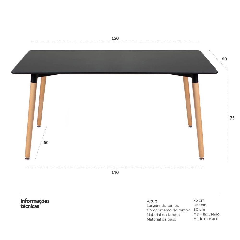 Mesa de jantar retangular Eames - 80 x 160 cm - Preto Mesa de jantar retangular Eames - 80 x 160 cm - Preto