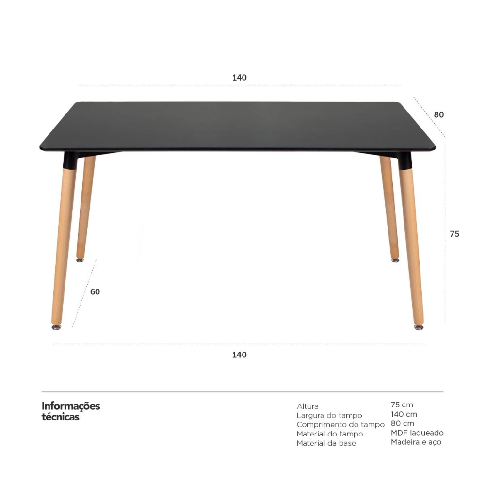 Mesa de jantar retangular Eames Eiffel - 80 x 140 cm - Preto Mesa de jantar retangular Eames Eiffel - 80 x 140 cm - Preto