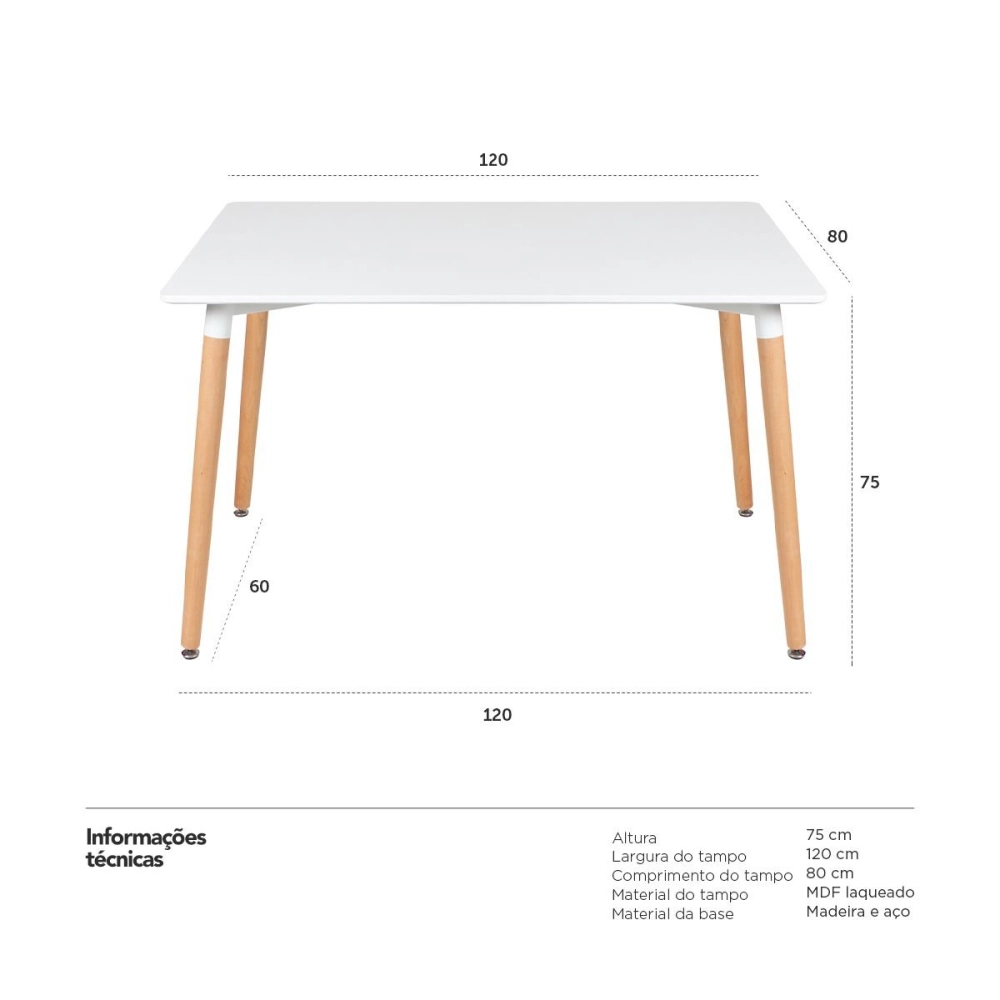 Mesa de jantar retangular Eames Eiffel com tampo de Mdf 80 x 120 cm - Branco Mesa de jantar retangular Eames Eiffel com tampo de Mdf 80 x 120 cm - Branco