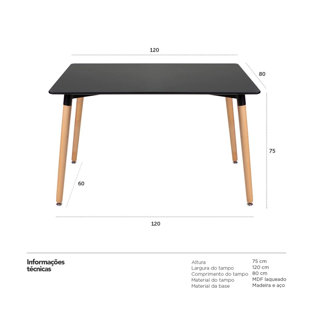 Mesa de jantar retangular Eames Eiffel com tampo de Mdf 80 x 120 cm - Preto Mesa de jantar retangular Eames Eiffel com tampo de Mdf 80 x 120 cm - Preto
