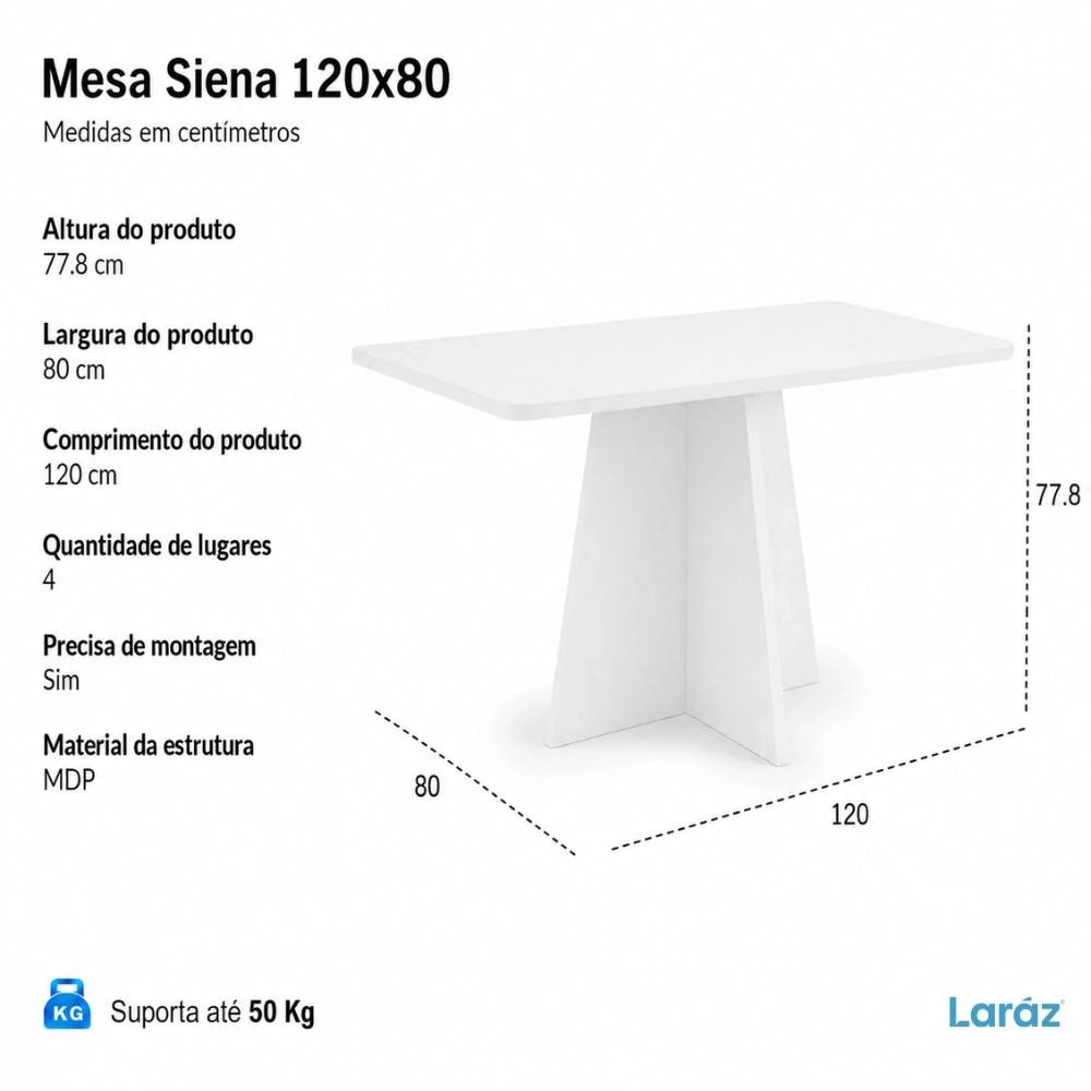 Mesa de jantar Siena Laráz Retangular com tampo Off White 120x80 cm