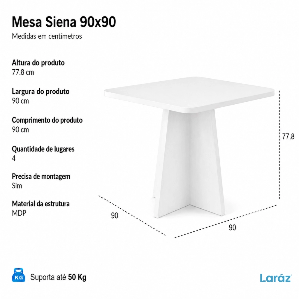 Mesa de jantar Siena Laráz Quadrada com tampo Off White 90x90 cm Mesa de jantar Siena Laráz Quadrada com tampo Off White 90x90 cm