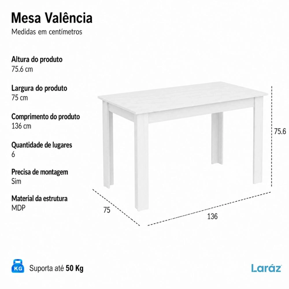 Mesa de Jantar Valência Laráz Retangular com tampo em Madeira 135x75 cm