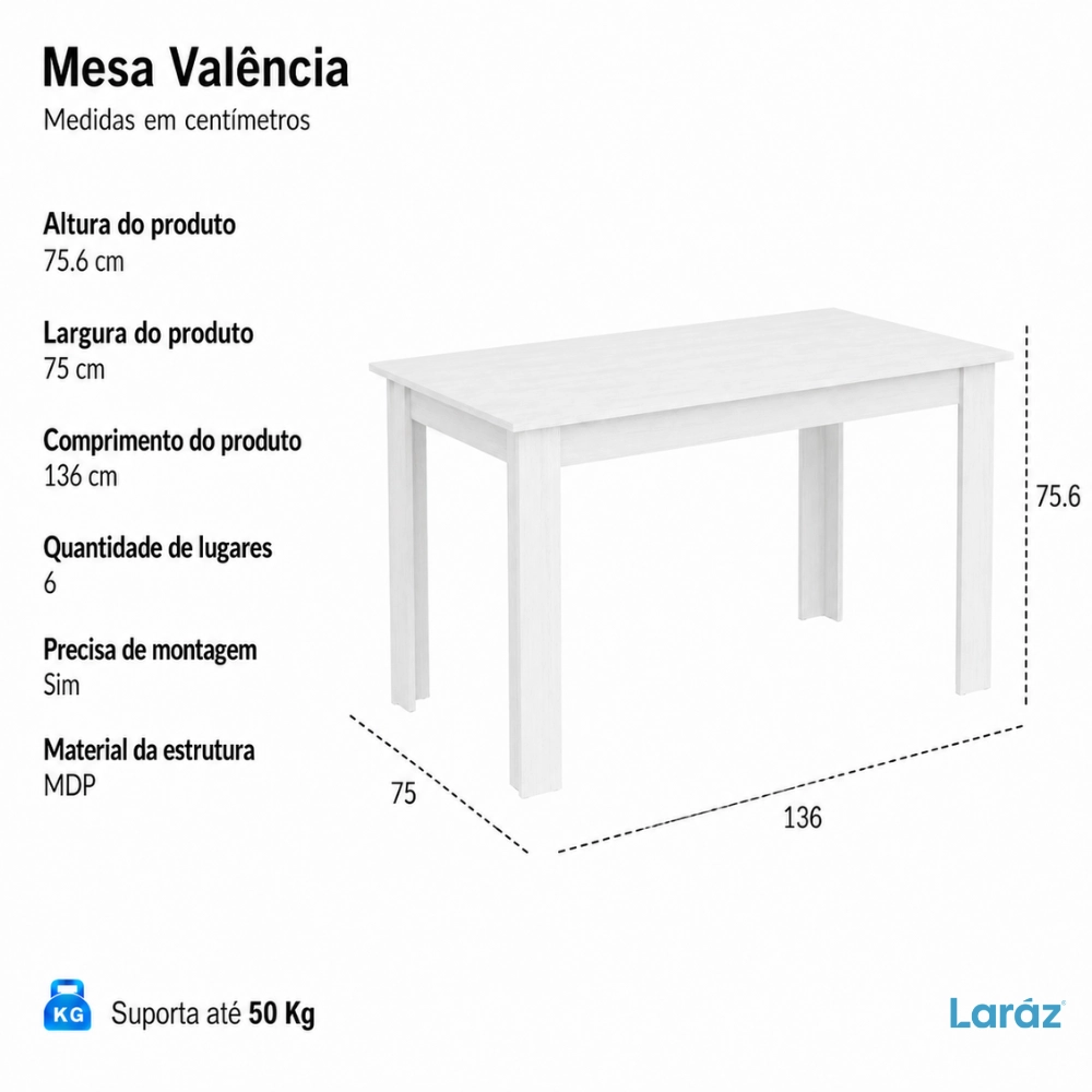 Mesa de Jantar Valência Laráz Retangular com tampo em Madeira 135x75 cm