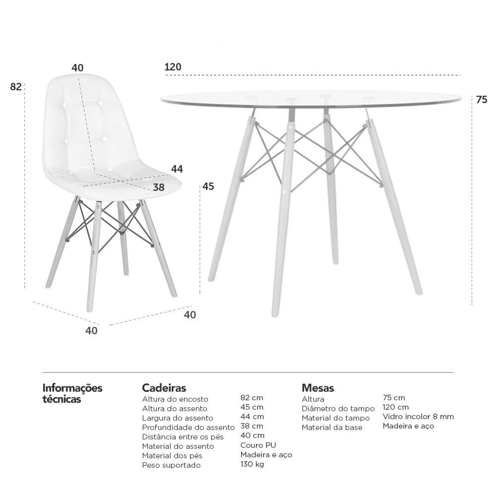Mesa Eames com tampo de vidro 120 cm + 4 cadeiras estofadas Eiffel Botonê - Marrom Mesa Eames com tampo de vidro 120 cm + 4 cadeiras estofadas Eiffel Botonê - Marrom