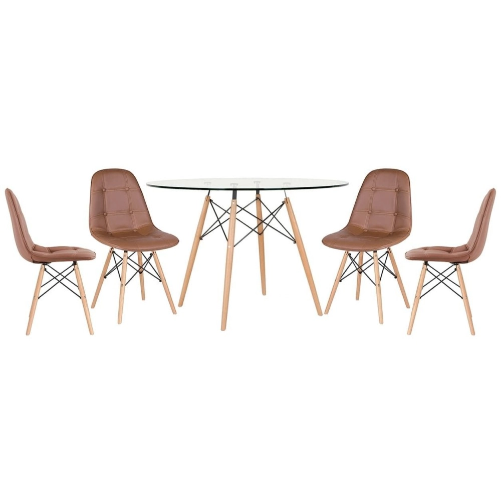 Mesa Eames com tampo de vidro 120 cm + 4 cadeiras estofadas Eiffel Botonê - Marrom Mesa Eames com tampo de vidro 120 cm + 4 cadeiras estofadas Eiffel Botonê - Marrom