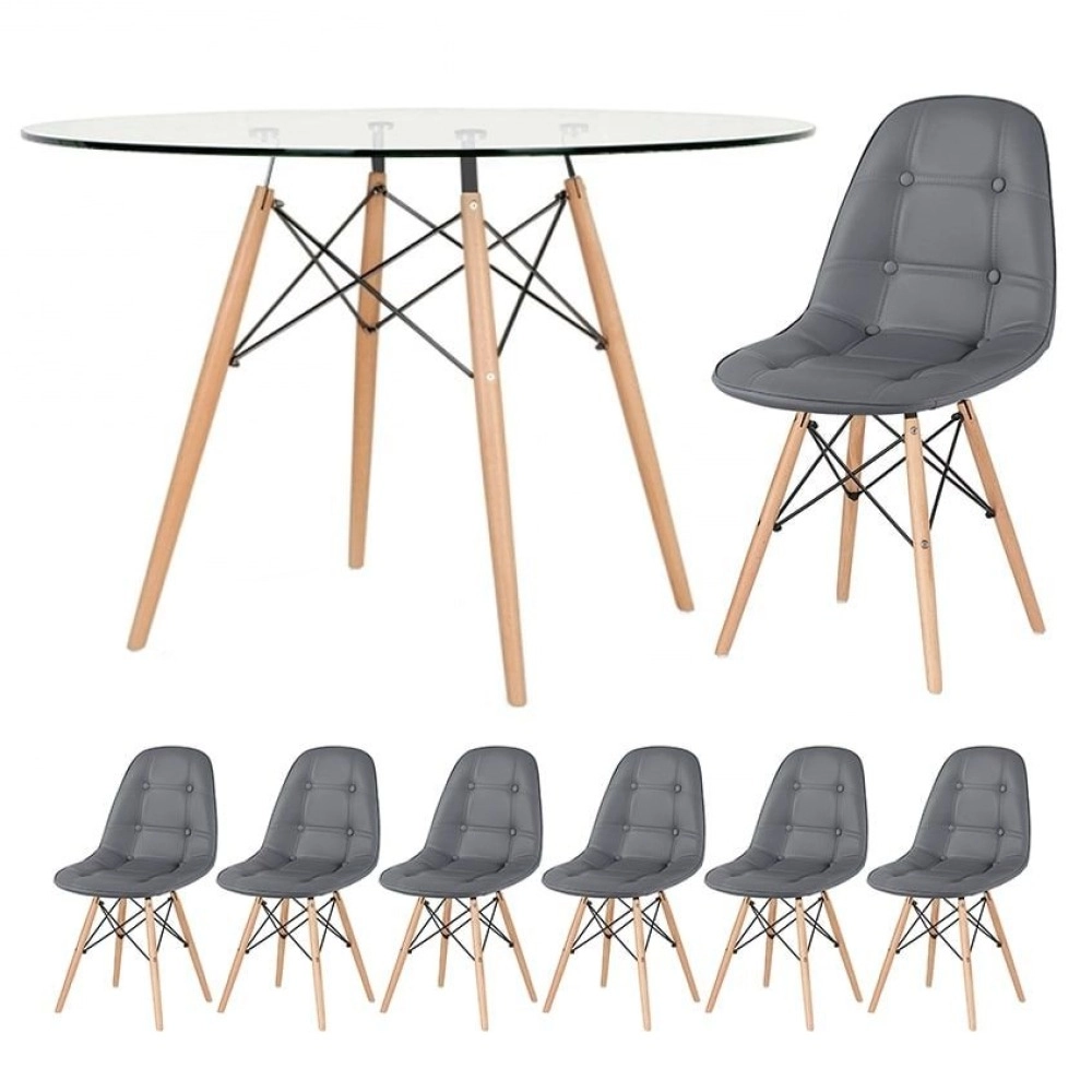 Mesa Eames com tampo de vidro 120 cm + 6 cadeiras estofadas Eiffel Botonê - Cinza Escuro