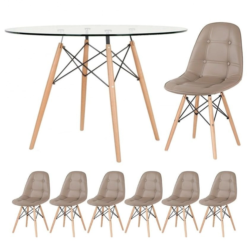 Mesa Eames com tampo de vidro 120 cm + 6 cadeiras estofadas Eiffel Botonê - Nude Mesa Eames com tampo de vidro 120 cm + 6 cadeiras estofadas Eiffel Botonê - Nude