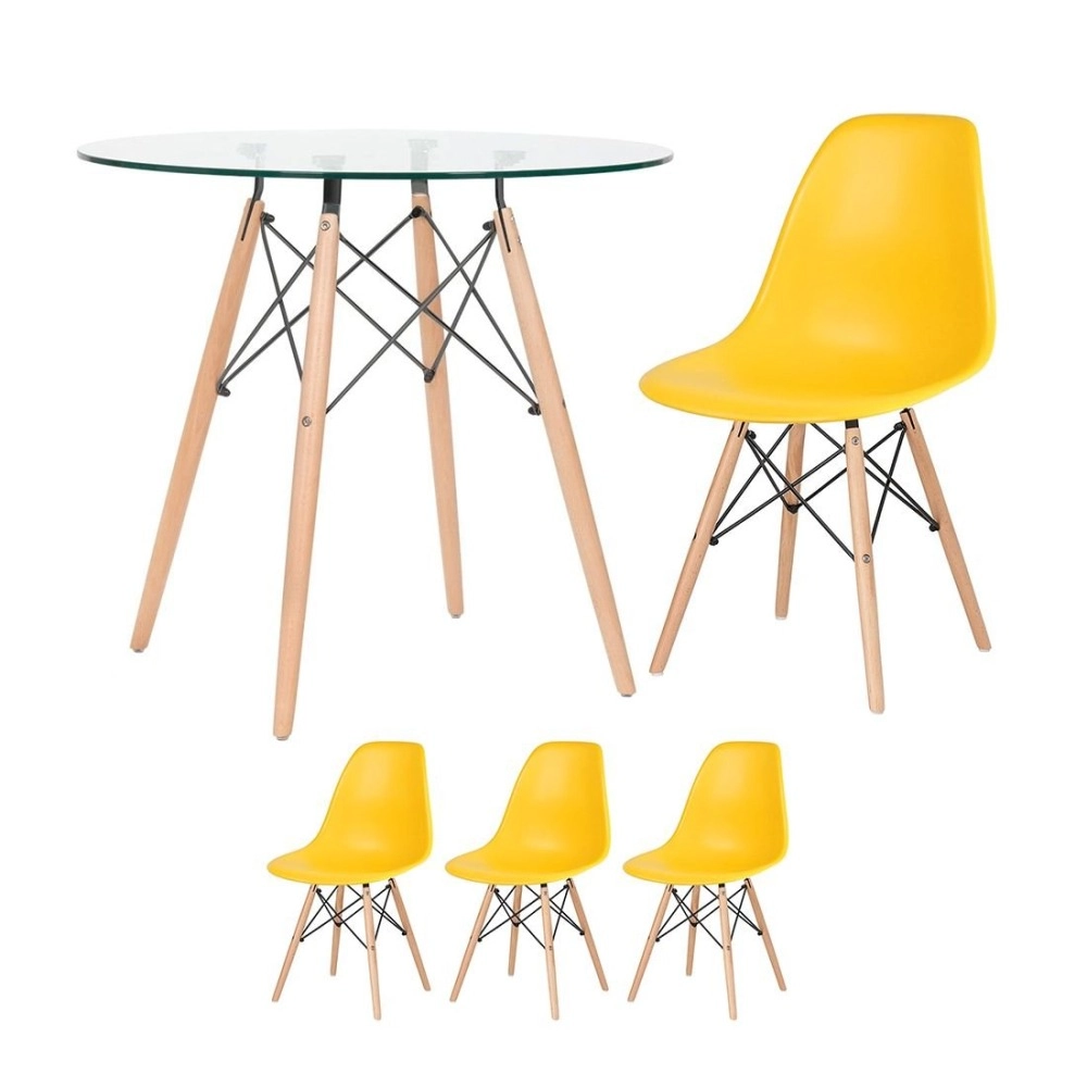 Mesa Eames com tampo de vidro 80 cm + 3 cadeiras Eiffel Dsw Amarelo Mesa Eames com tampo de vidro 80 cm + 3 cadeiras Eiffel Dsw Amarelo